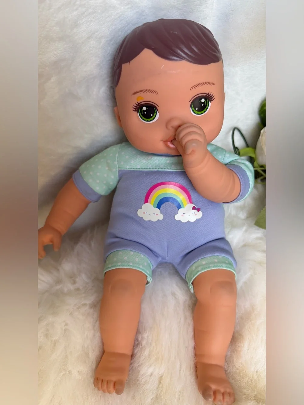 13” Baby Doll Realistic Baby Doll Rainbow Outfit Green Eyes
